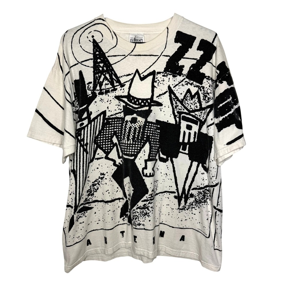 Vintage ZZ Top Antenna All Over Print T-Shirt Nice Man XL White Black 90s Band